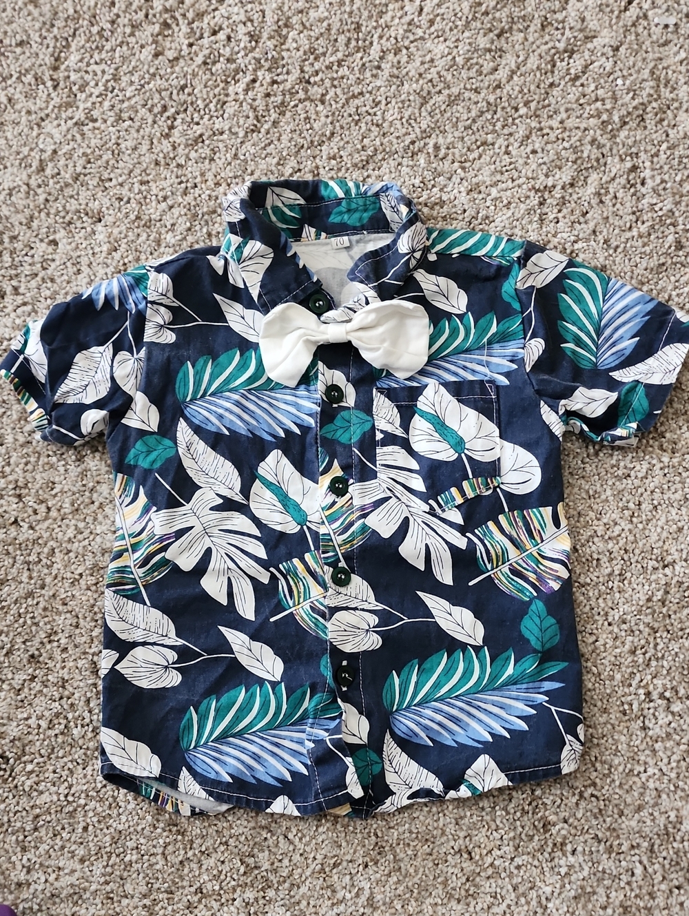 12m Boys Navy Tropical Leaf Print Button-Up Shirt with Bow Tie